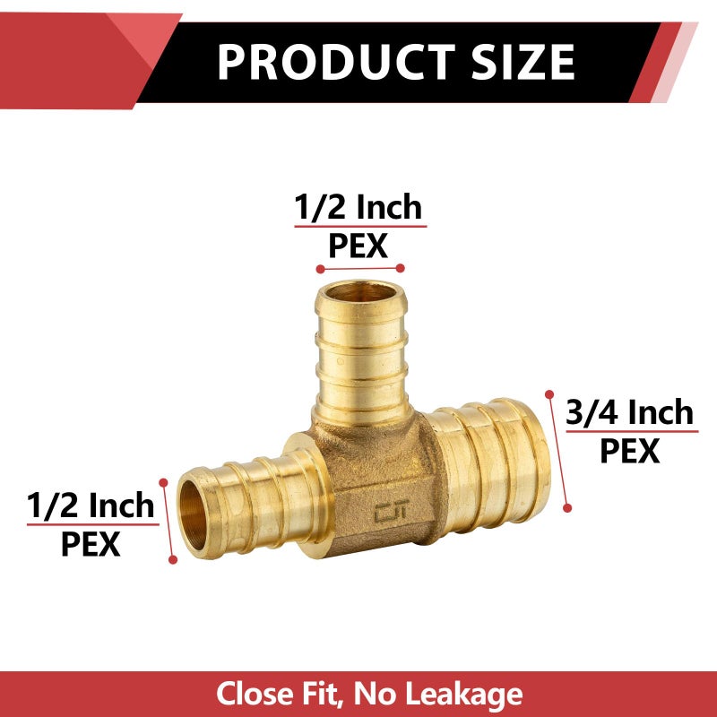 EFIELD 10-Pack EFIELD 3/4" x1/2"X 1/2" Pex Reducing Tee Brass Barb Crimp Fittings, ASTM F1807,(PEX1807082) - Image 2